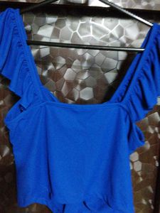 Blue Ruffle Sleeve Crop Top