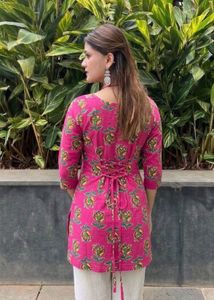 Vibrant Pink Floral Kurta with Lace Detail