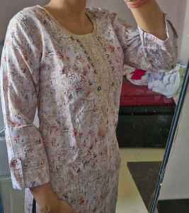 Beige Floral Print Kurta