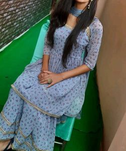 Blue Floral Print Sharara Suit