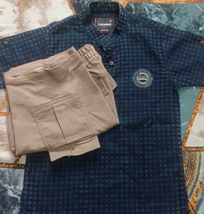 Boys' Blue Checkered Kurta and Beige Pants Set