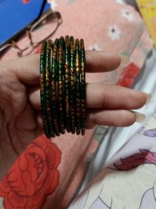 Green Glass Bangles with Red & Gold Accents