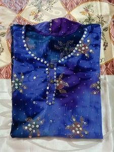 Blue Batik Kurta with Floral Embellishments