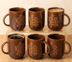 Set of 6 Brown Floral Ceramic Mugs