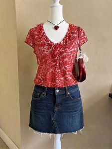 red floral ruffle top