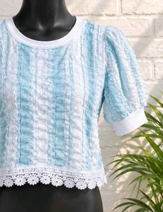 Blue &amp; White Textured Puff Sleeve Top