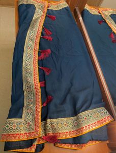 🦋Elegant teal Dark Blue Saree with Tassels🦋