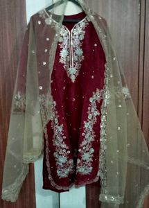 Embroidered red Kurta with plazo and dupatta