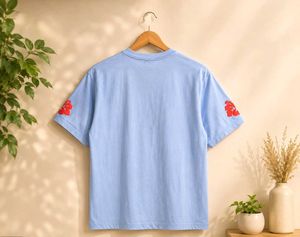 Blue T-Shirt with Red Hibiscus Print