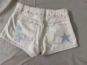 Cream Studded Denim Shorts