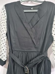 Black  Midi Dress with Polka Dot Design Sleeves