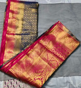 2 Saree Combo - Red &amp; Gold, Pink &amp; Blue