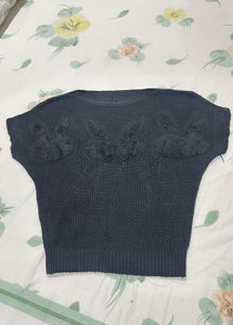 New Black Knit Top with Floral Detail