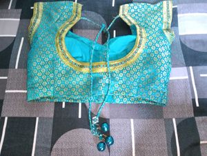 Teal Brocade Blouse with Gold Print