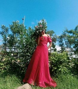 Red Off-Shoulder Gown with pocket