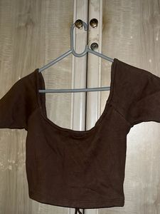 Brown Ribbed Lace-Up Crop Top