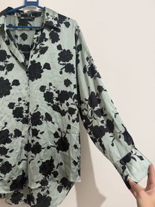 ZARA Oversized Satin Floral Button-Up Shirt