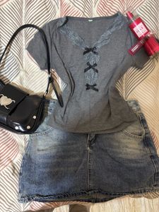 Grey Lace Trim Bow Top👚🦋🎀