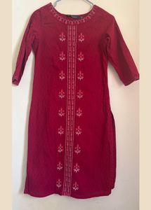 Elegant Ruby Red Embroidered Kurti|XS