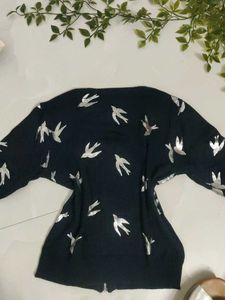 Stylish Navy Blue Bird Print Cardigan Top💙✨