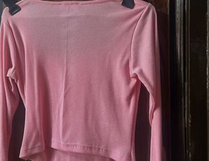 Pink ribbed Square Neck Long Sleeve Top