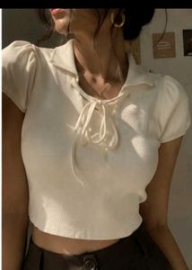 ✨ White  Ribbed Puff Sleeve polo Crop  Top 🎀