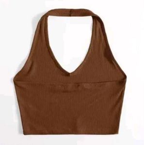Brown Ribbed Halter Neck Crop Top