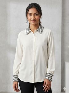 Cream korean top with Embellished Collar & Cuffs