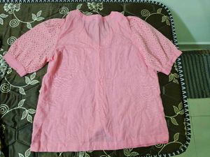Chic Pink Button-Up Top with Eyelet Sleeves
