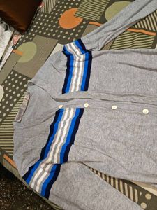 Gray Striped Cardigan and Black T-Shirt Set