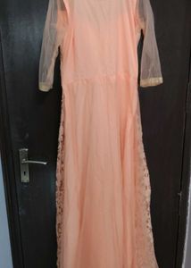 Peach Net Heavy Embroidery gown with dupatta, pant