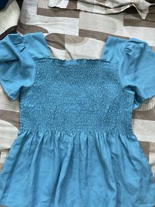 Blue Smocked Puff Sleeve Square Neck Top