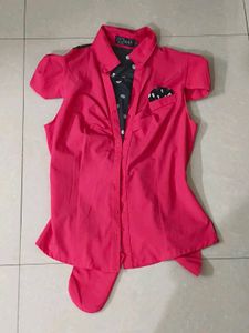 Hot Pink Button-Up Shirt with Polka Dot Accent