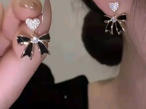 Korean Black Bow Studded Heart Earrings