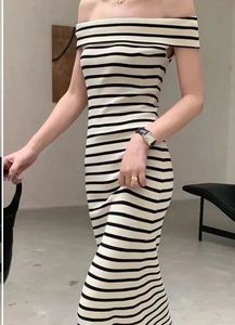 Striped Off-Shoulder Knit Midi Dress