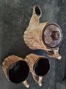 Unique Log-Shaped Teapot and 2 Cups Set