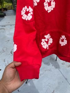 tear denim Red Hoodie with rubber puff