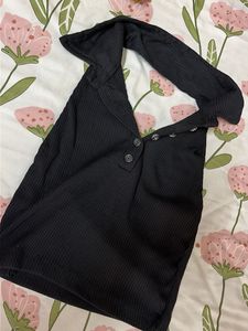 Black Ribbed Button-Up Top