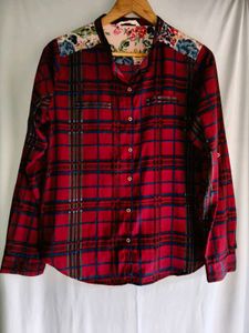Red Plaid Button-Up Shirt with Floral Accents