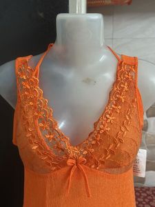 Elegant Orange Lace Trim Nightgown