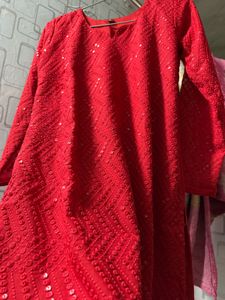 Stunning Red Sequined Kurta Set with Dupatta