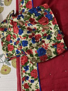 Red Saree with Floral Blouse