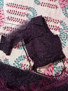 Purple Net Saree With Blouse
