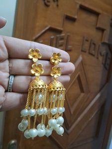 Golden Jhumka Earrings with Pearls
