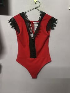 Red Lace Trim Bodysuit