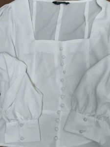 Elegant Sheer Panel White Button-Down Top