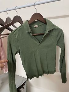 Olive Green Ribbed Collared Top