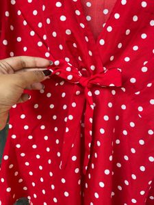 Chic Red Polka Dot Tie-Front Blouse