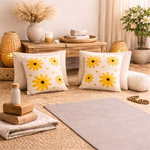 Embroidered Yellow Flower Cushion Cover- Set of 2