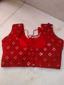 Red Embroidered Blouse with Mirror Work